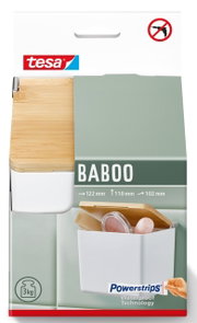 Frontalansicht der Baboo Aufbewahrungsbox S von tesa mit Bambusdeckel und Powerstrips-Befestigung, geeignet für bis zu 3 kg.