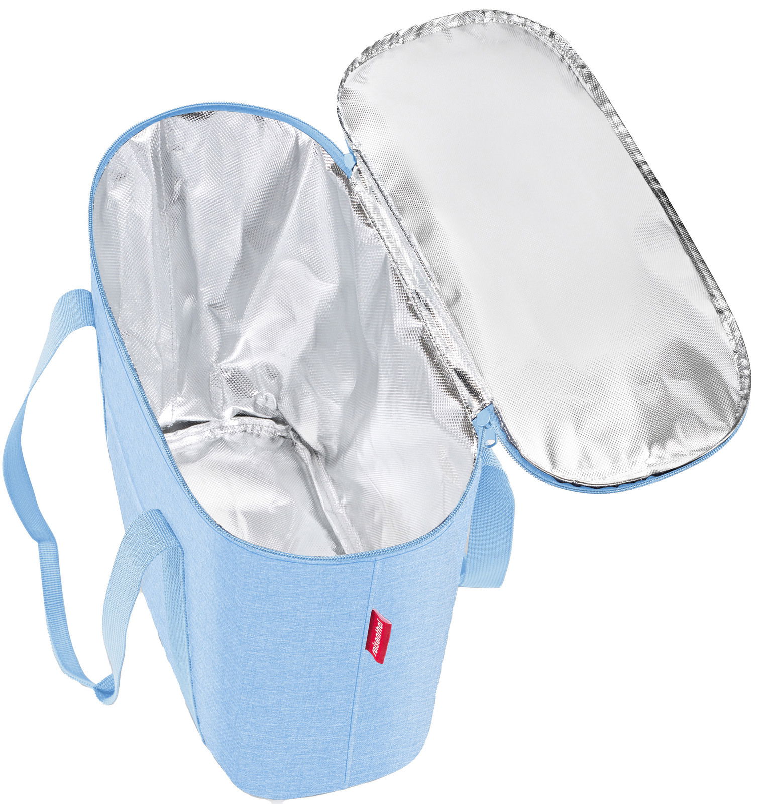 Blaue Thermoshopper-Tasche mit geöffnetem Deckel, Innenansicht mit silberner Isolierung, von oben betrachtet