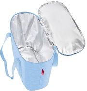Blaue Thermoshopper-Tasche mit geöffnetem Deckel, Innenansicht mit silberner Isolierung, von oben betrachtet