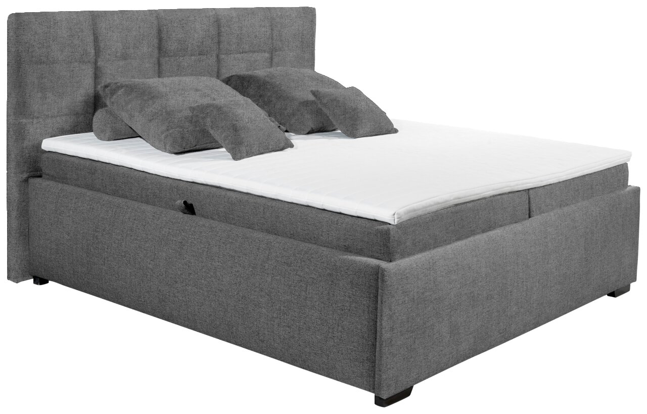 Graues Polsterbett mit hohem Kopfteil und zwei Kissen, seitliche Perspektive