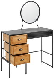 Schminktisch mit rundem Spiegel, drei offenen Holzschubladen und schwarzem Metallrahmen, seitliche Perspektive