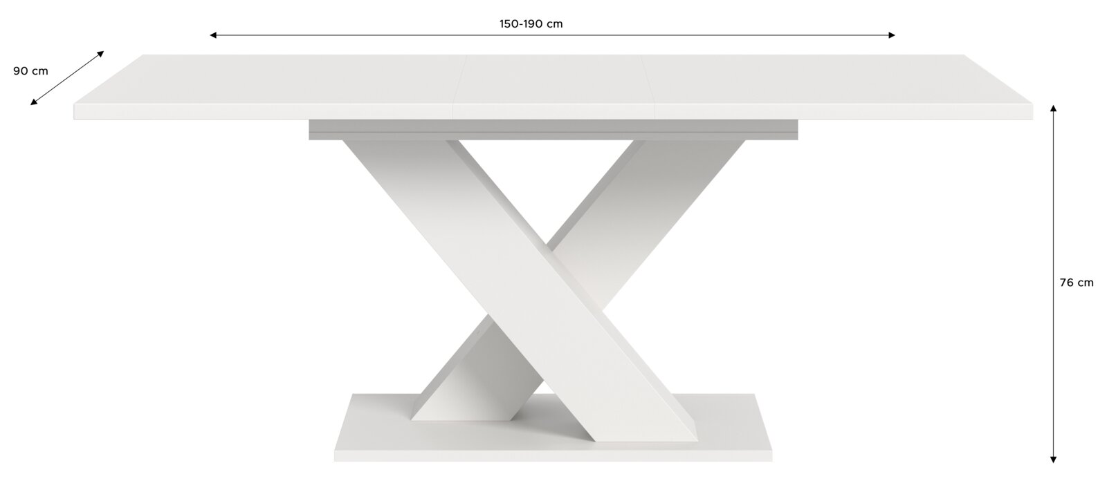 Moderner weißer Esstisch mit X-förmigem Gestell, ausziehbar von 150 cm auf 190 cm, seitliche Perspektive