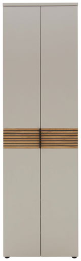 Moderner Garderobenschrank in Frontansicht mit zweifarbiger Holzoptik und vertikalen Griffen.