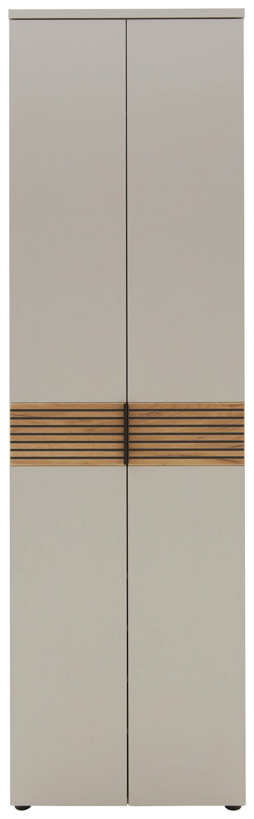 Moderner Garderobenschrank in Frontansicht mit zweifarbiger Holzoptik und vertikalen Griffen.