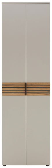 Moderner Garderobenschrank in Frontansicht mit zweifarbiger Holzoptik und vertikalen Griffen.