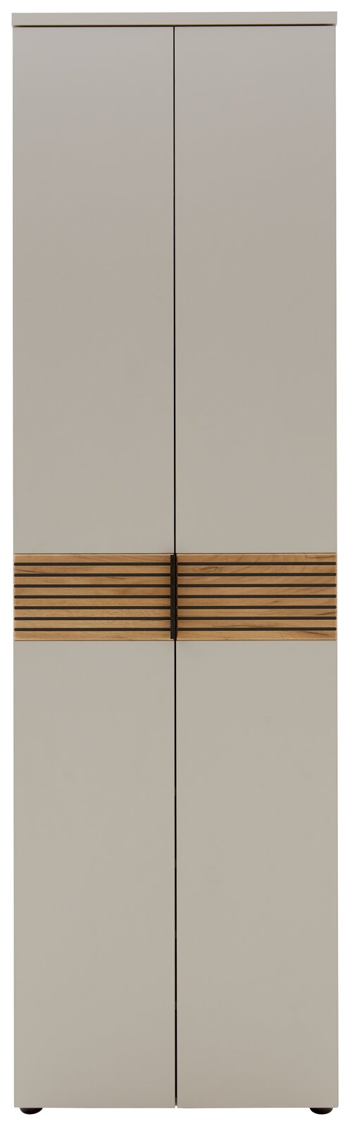 Moderner Garderobenschrank in Frontansicht mit zweifarbiger Holzoptik und vertikalen Griffen.