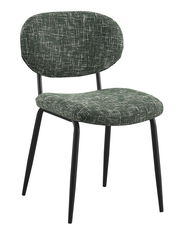 Moderner Stuhl mit grünem, gemustertem Polster und schwarzen Metallbeinen, seitliche Perspektive