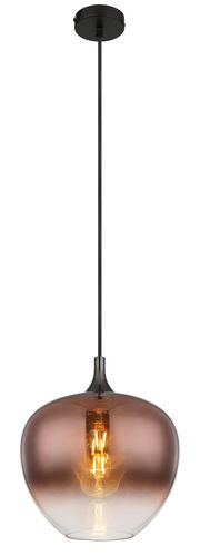 Moderne Hängeleuchte MAXY mit rauchigem Glas und sichtbarem Leuchtmittel, seitliche Perspektive.