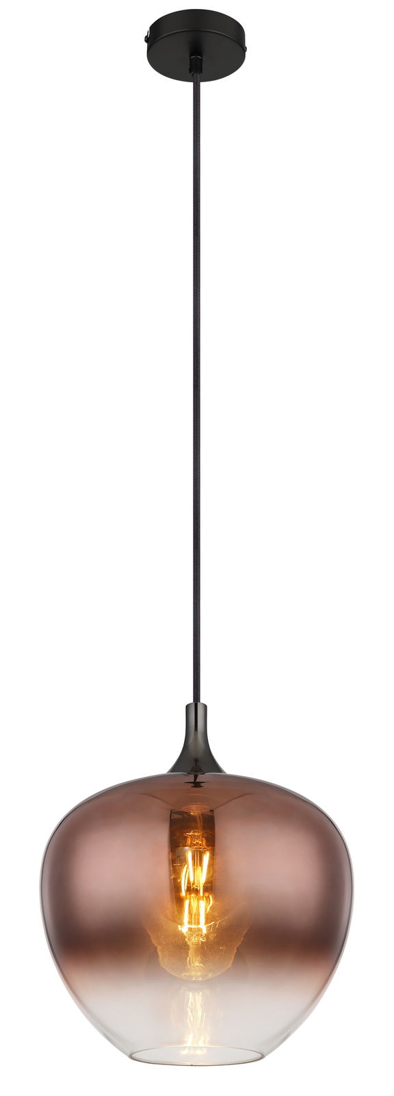 Moderne Hängeleuchte MAXY mit rauchigem Glas und sichtbarem Leuchtmittel, seitliche Perspektive.