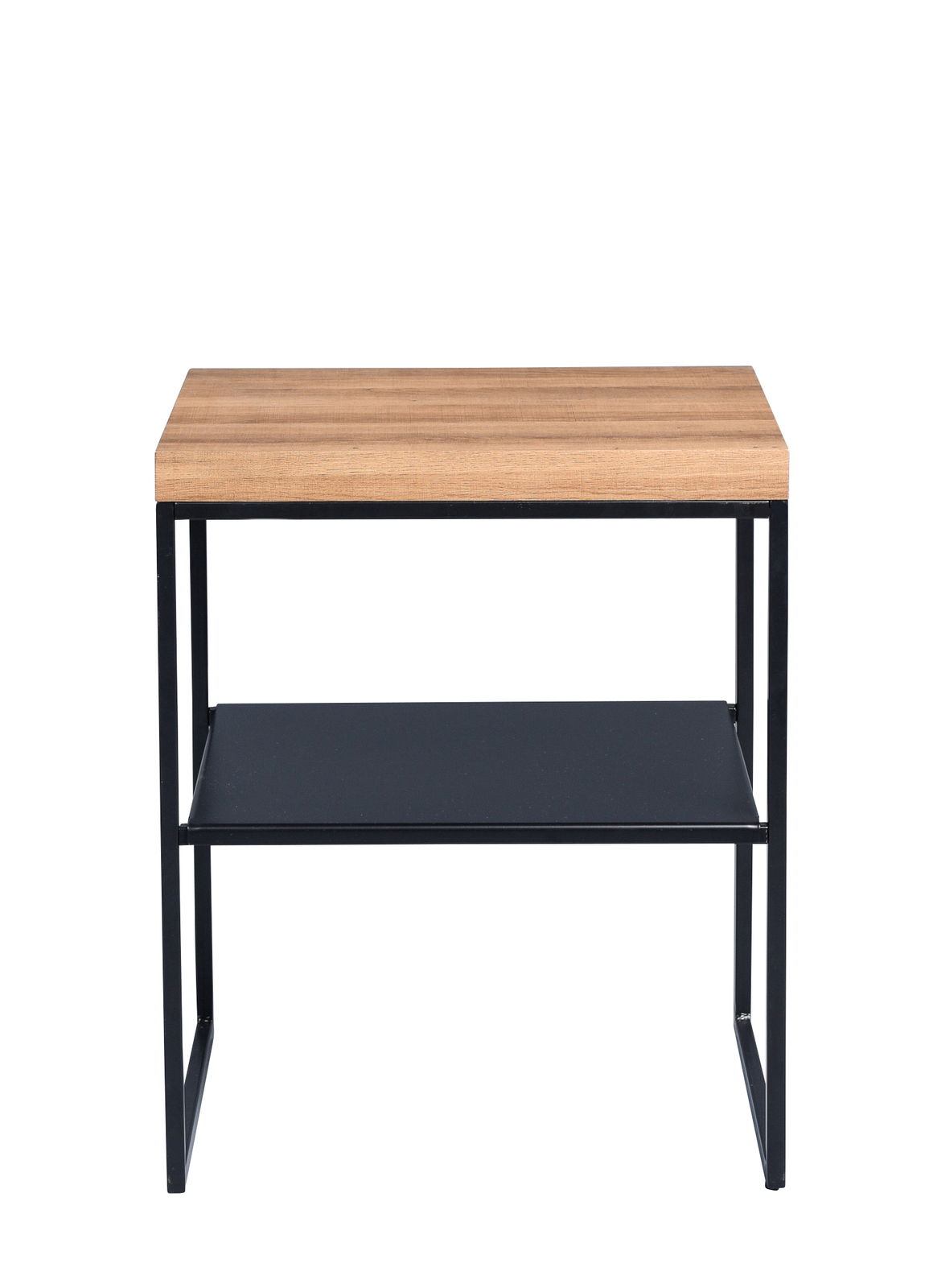 Moderner Beistelltisch mit Holzplatte und schwarzem Metallgestell, Frontalansicht