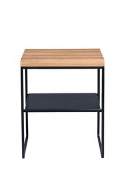 Moderner Beistelltisch mit Holzplatte und schwarzem Metallgestell, Frontalansicht