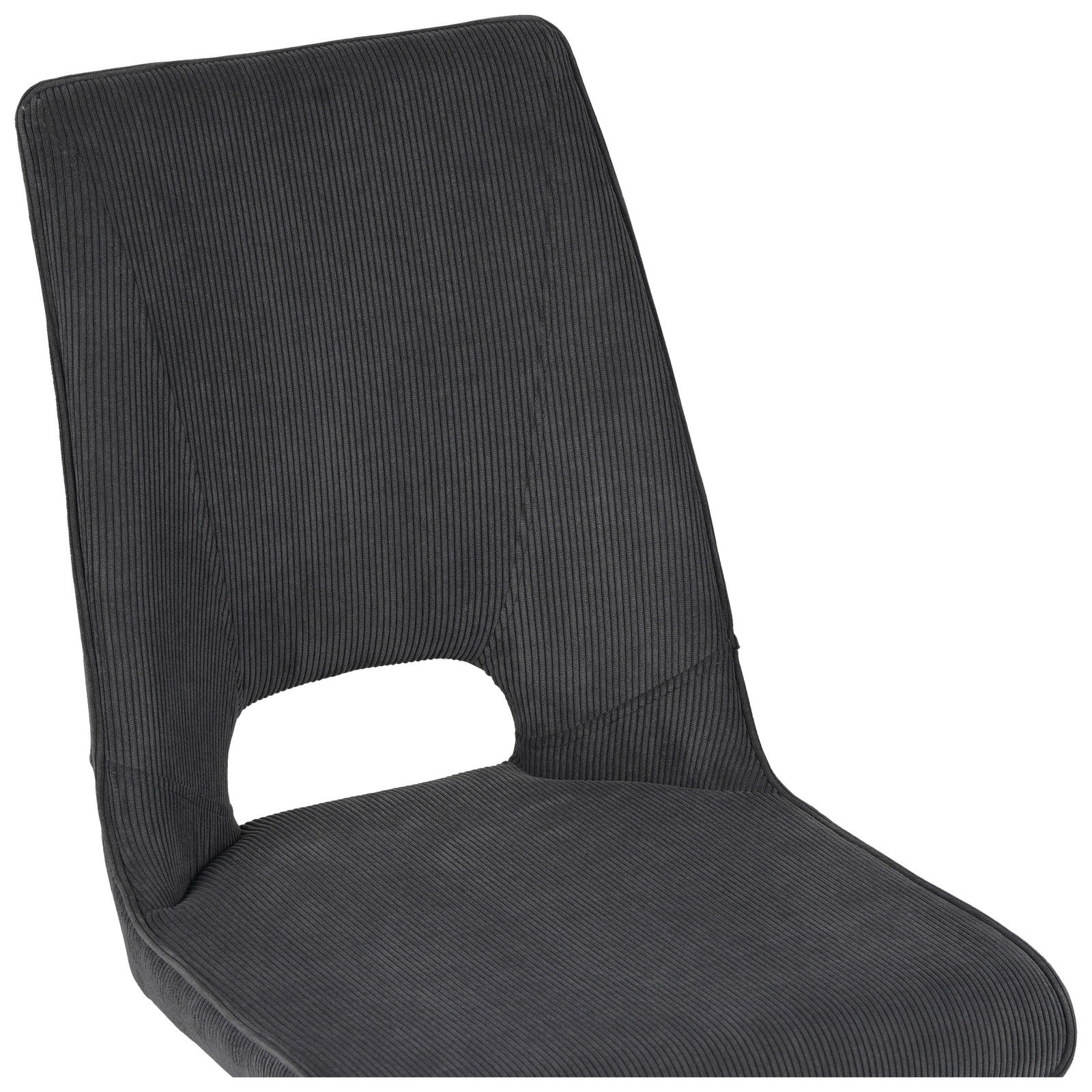 Moderner Stuhl mit dunkelgrauem, geripptem Stoffbezug, seitliche Perspektive
