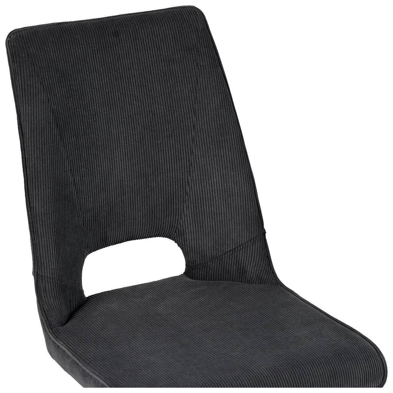Moderner Stuhl mit dunkelgrauem, geripptem Stoffbezug, seitliche Perspektive