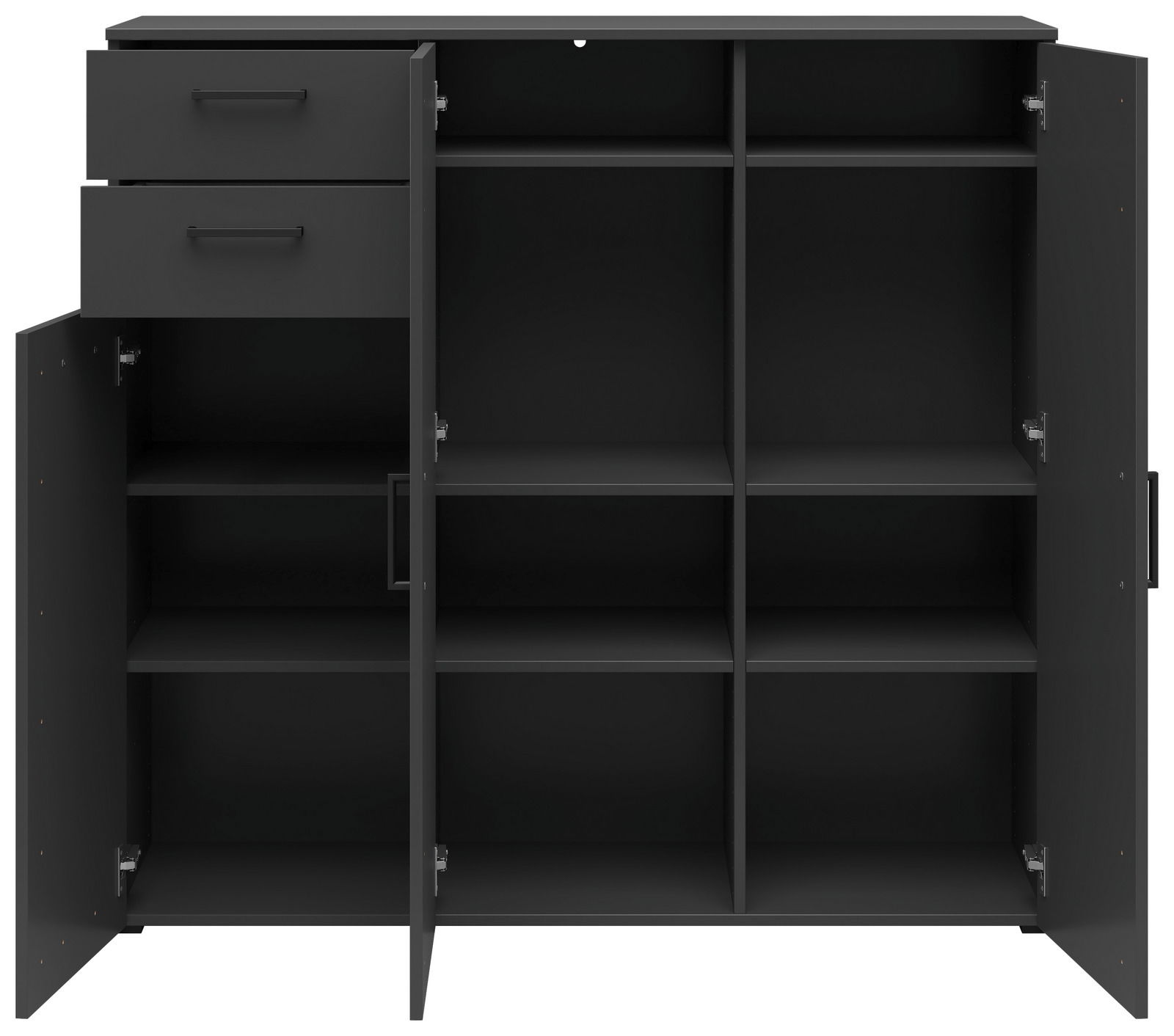 Schwarze Kommode mit offenen Türen und Schubladen, zeigt mehrere Fächer aus der Frontperspektive.
