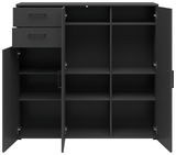 Schwarze Kommode mit offenen Türen und Schubladen, zeigt mehrere Fächer aus der Frontperspektive.