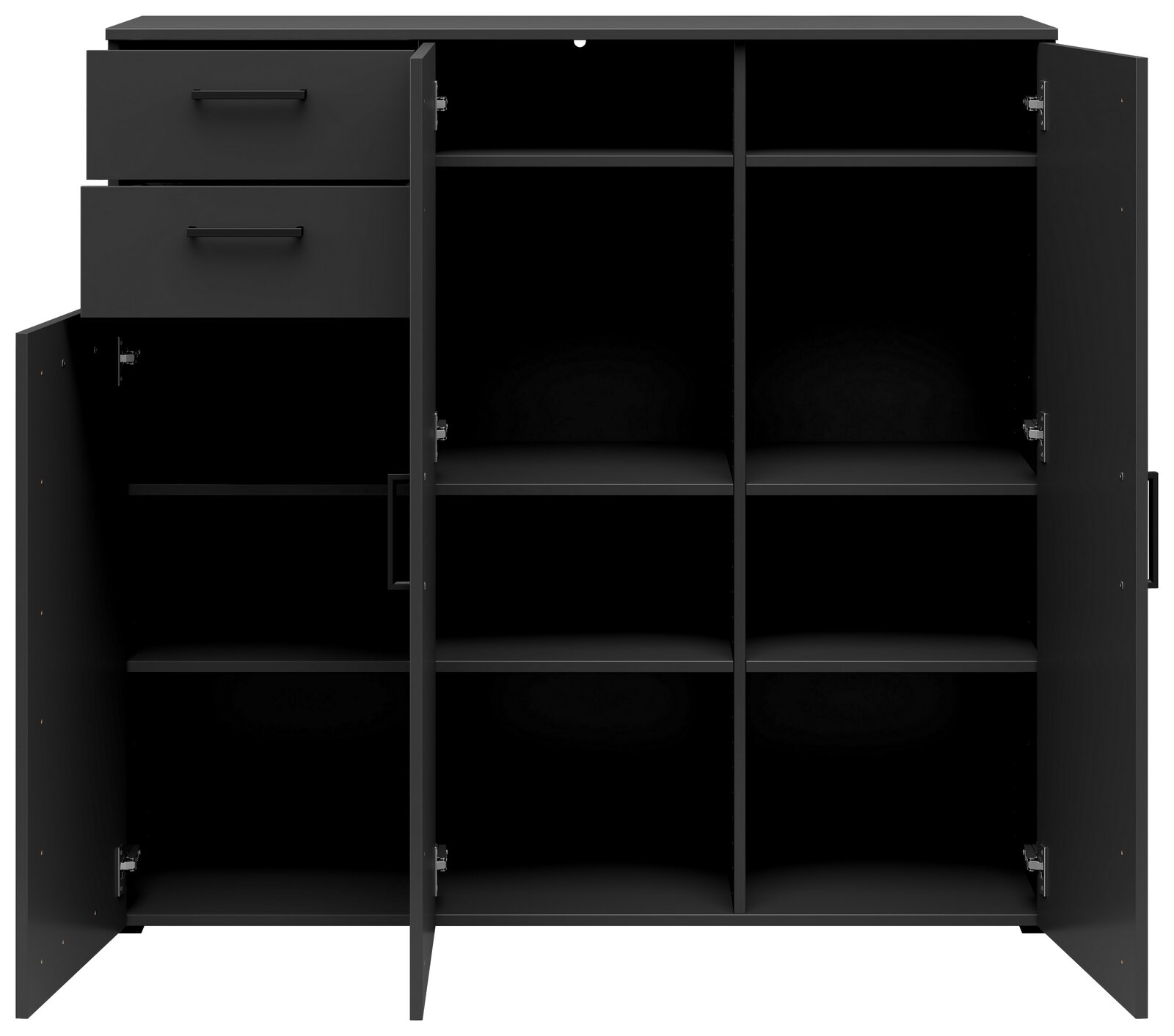 Schwarze Kommode mit offenen Türen und Schubladen, zeigt mehrere Fächer aus der Frontperspektive.