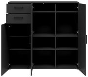 Schwarze Kommode mit offenen Türen und Schubladen, zeigt mehrere Fächer aus der Frontperspektive.