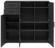 Schwarze Kommode mit offenen Türen und Schubladen, zeigt mehrere Fächer aus der Frontperspektive.