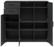 Schwarze Kommode mit offenen Türen und Schubladen, zeigt mehrere Fächer aus der Frontperspektive.