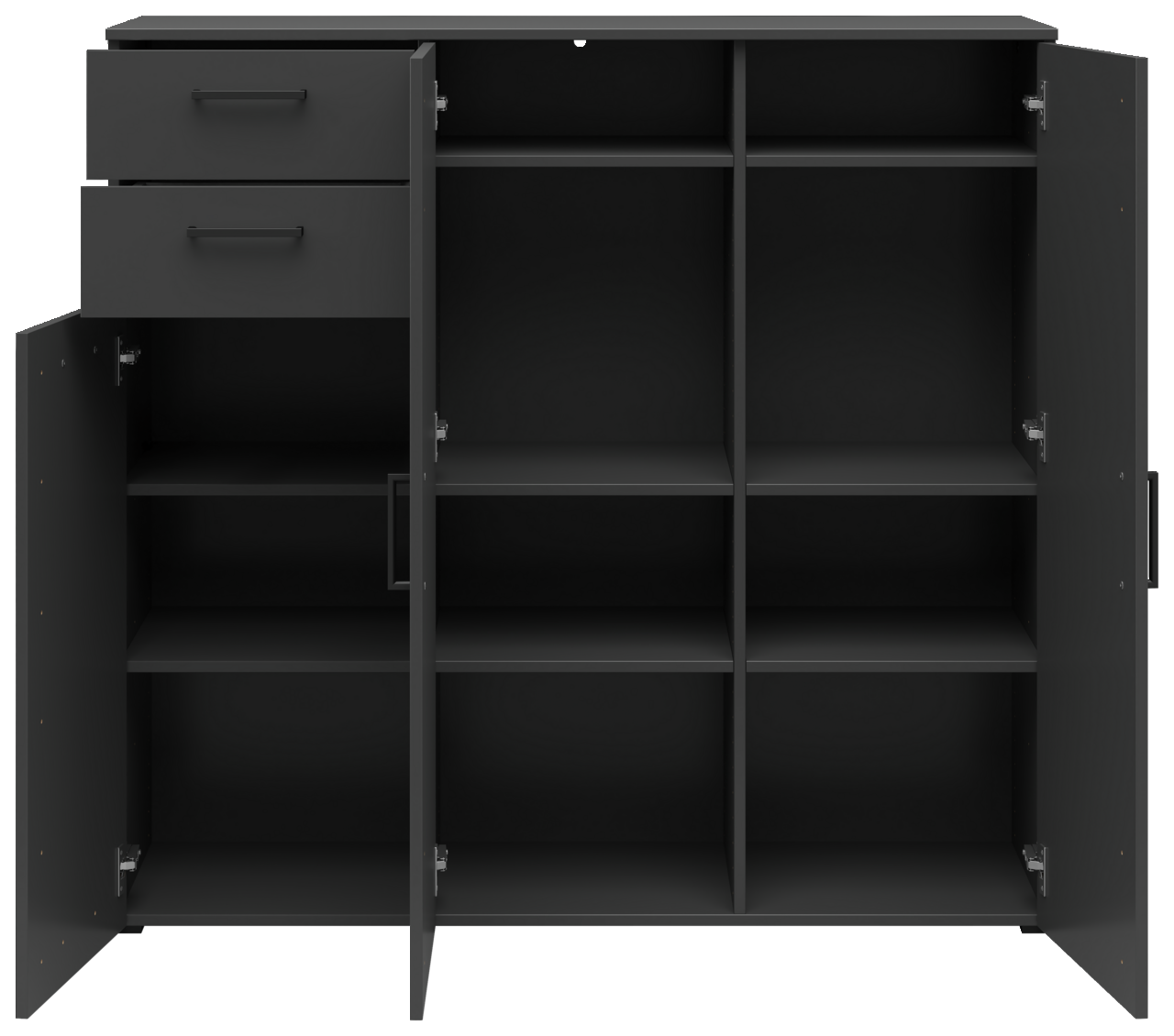Schwarze Kommode mit offenen Türen und Schubladen, zeigt mehrere Fächer aus der Frontperspektive.