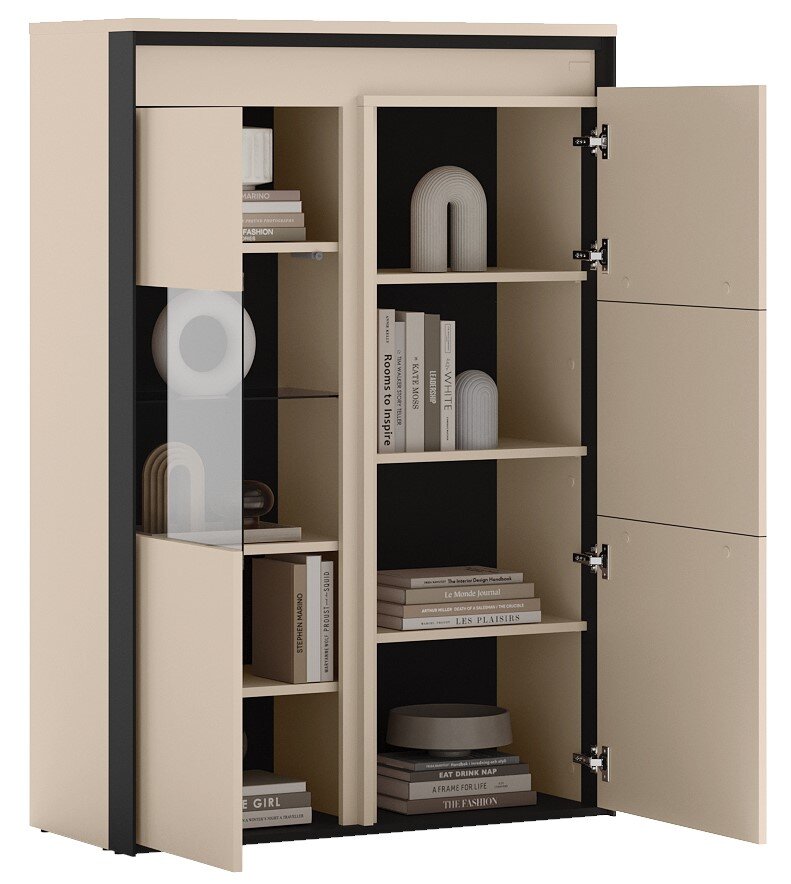 Beige opbergkast met zwarte omlijsting, deuren open en zichtbaar interieur met planken en boeken; schuin van voren gefotografeerd