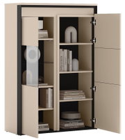Beige opbergkast met zwarte omlijsting, deuren open en zichtbaar interieur met planken en boeken; schuin van voren gefotografeerd