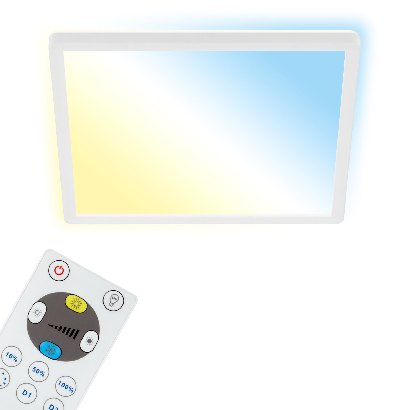 LED-plafondlamp met afstandsbediening, gezien van bovenaf, met warm en koud licht.