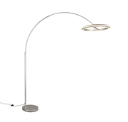 Moderne LED-Bogenleuchte in seitlicher Perspektive mit rundem Sockel und gebogenem Arm, der einen ringförmigen Leuchtkopf hält.