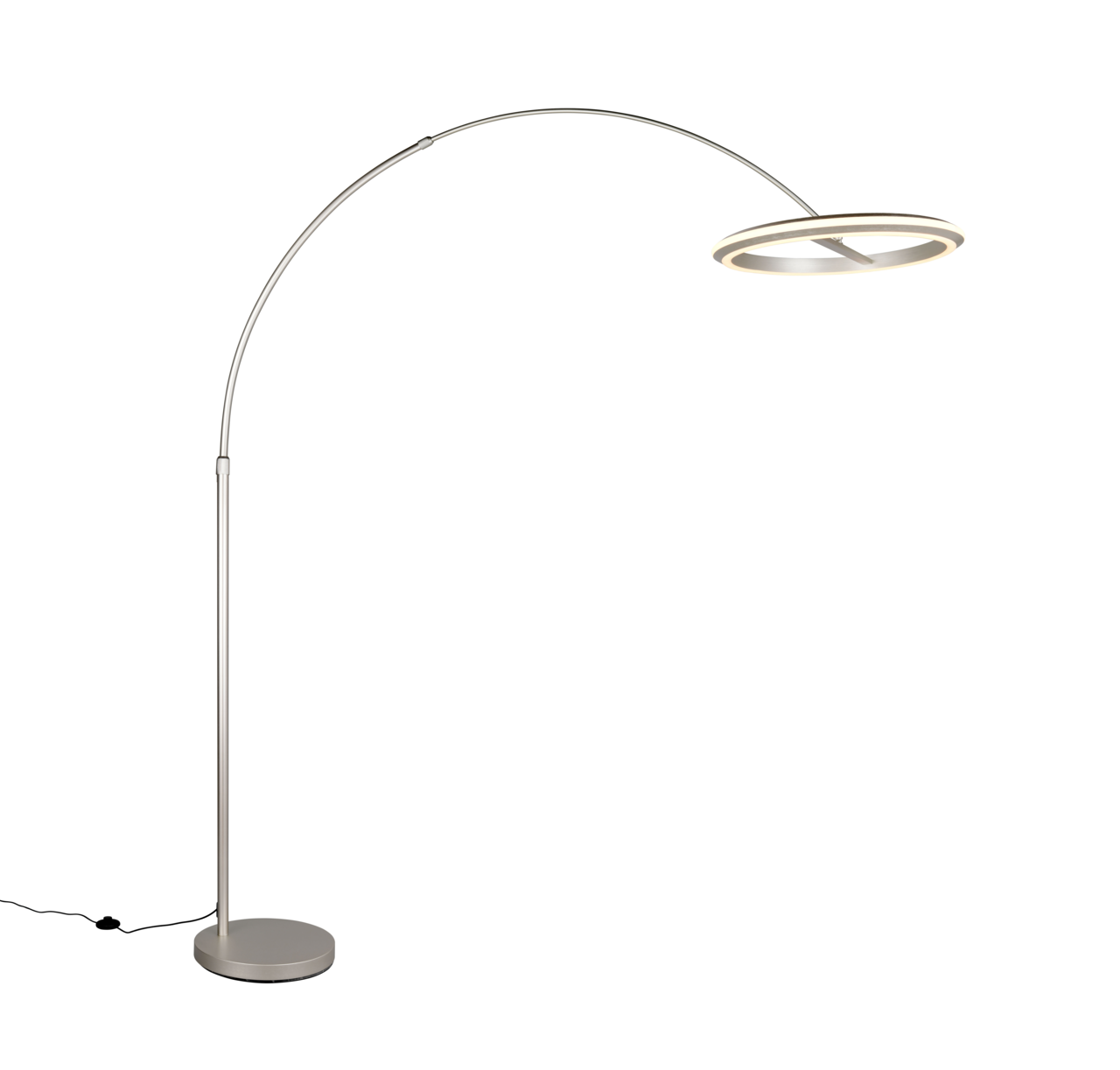 Moderne LED-Bogenleuchte in seitlicher Perspektive mit rundem Sockel und gebogenem Arm, der einen ringförmigen Leuchtkopf hält.