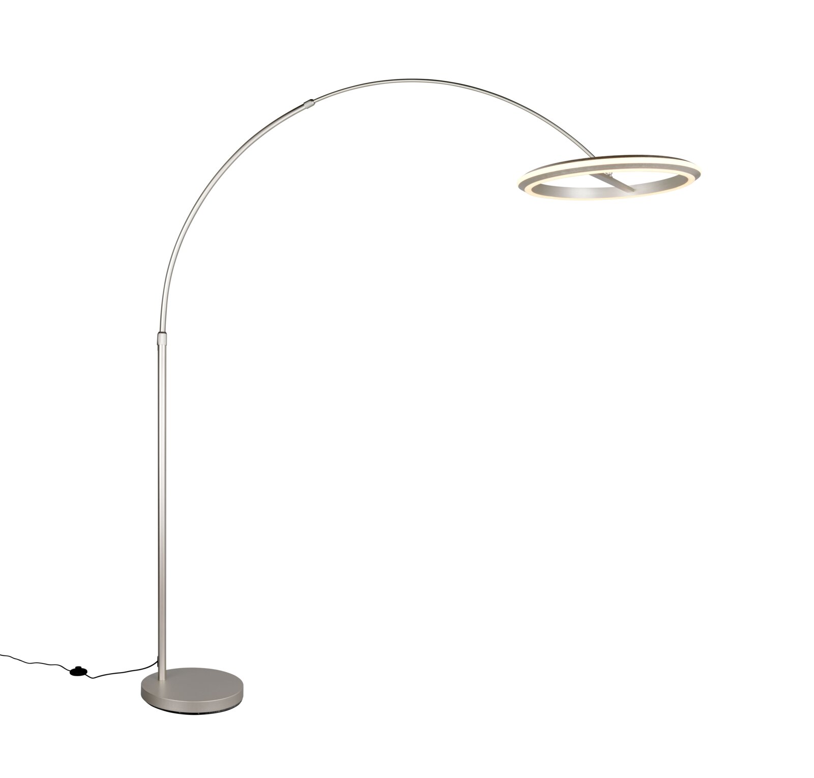 Moderne LED-booglamp in zijaanzicht, met een ronde voet en een gebogen arm die een ringvormige lampkop ondersteunt.