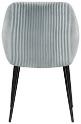 Rückansicht eines Armlehnstuhls mit geripptem Stoffbezug und schwarzen Beinen