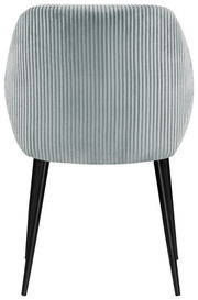 Rückansicht eines Armlehnstuhls mit geripptem Stoffbezug und schwarzen Beinen