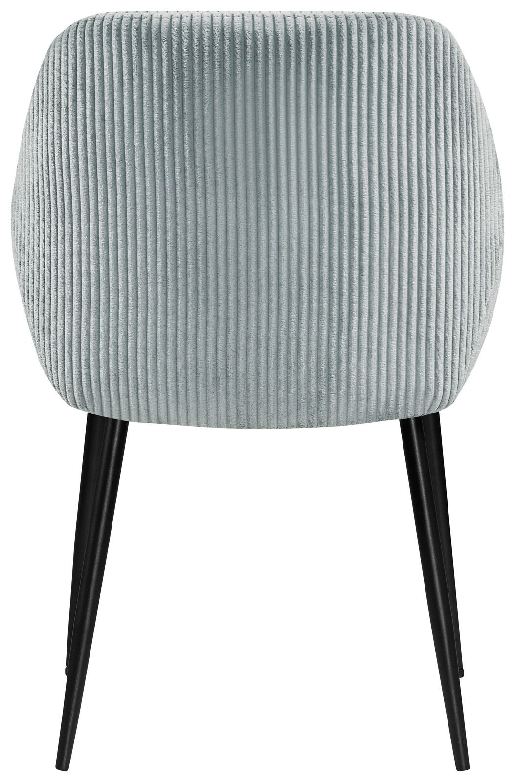 Rückansicht eines Armlehnstuhls mit geripptem Stoffbezug und schwarzen Beinen