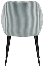 Rückansicht eines Armlehnstuhls mit geripptem Stoffbezug und schwarzen Beinen