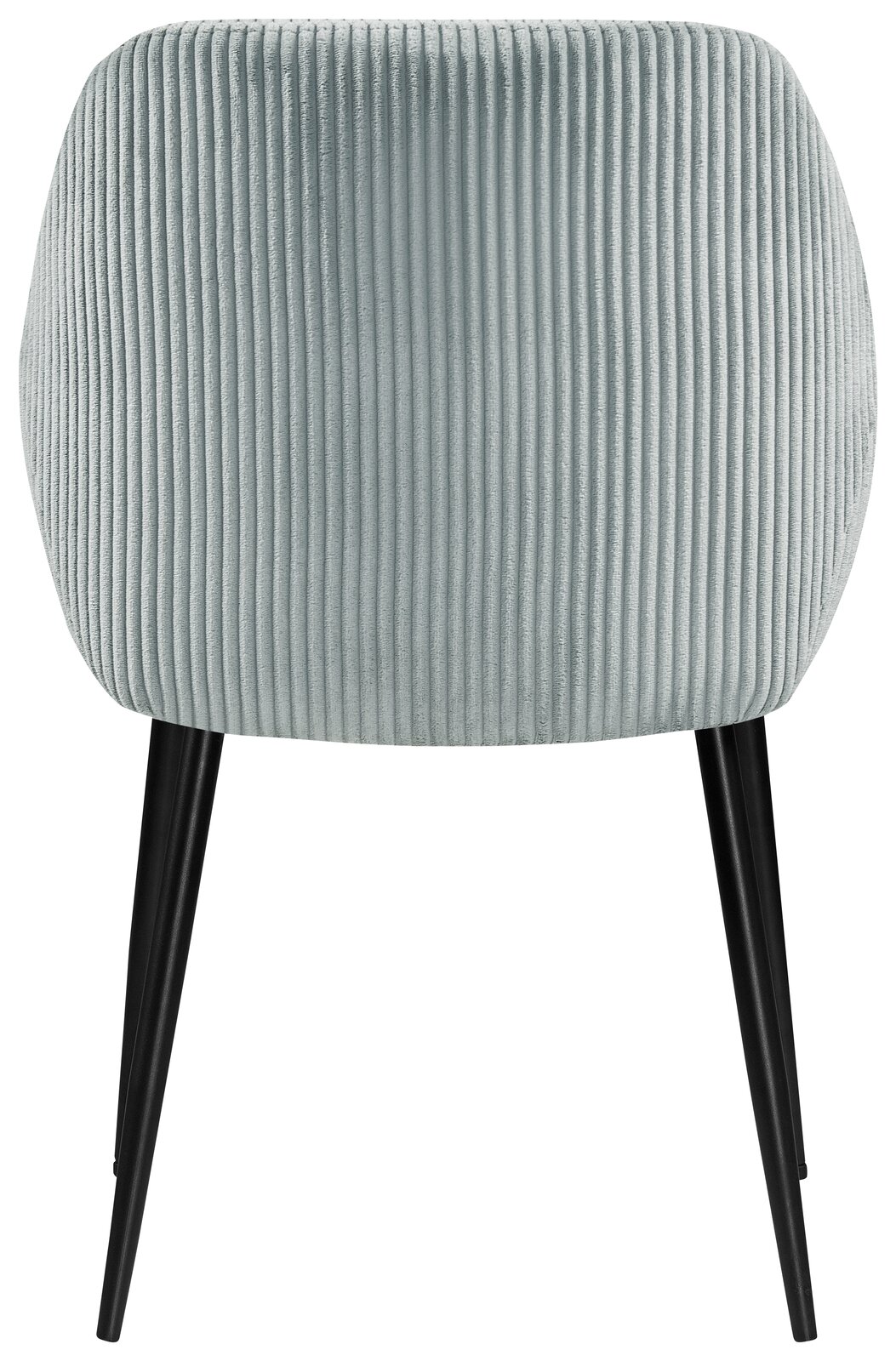 Rückansicht eines Armlehnstuhls mit geripptem Stoffbezug und schwarzen Beinen