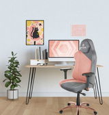 Gaming Stuhl in modernem Design, grau und rosa, vor einem Schreibtisch mit Computer, seitliche Perspektive