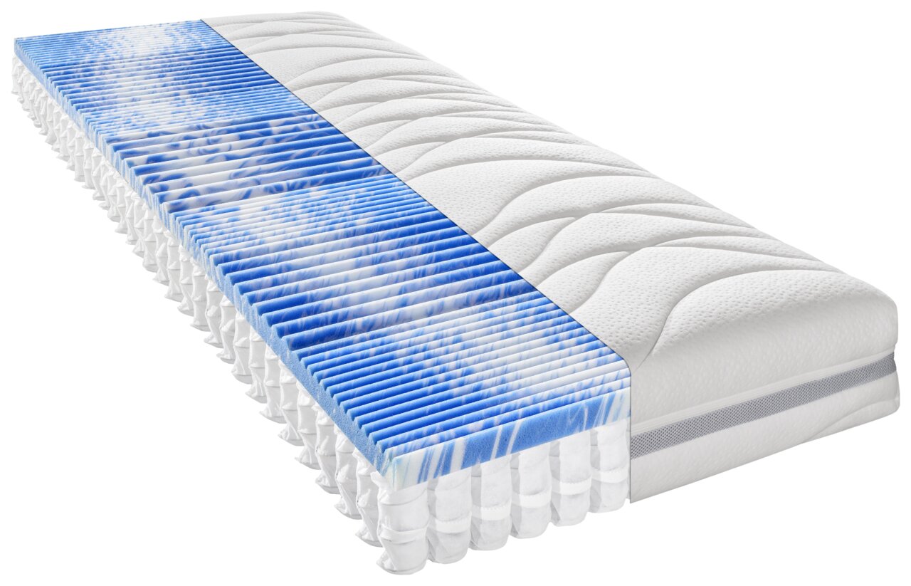 Sleeptex TTFK-Matratze H2 PERFECT TOUCH T Querschnitt einer TTFK-Matratze H2 160 x 200 cm mit blauen und weißen Schichten, die die Federkernstruktur zeigen, perspektivisch von der Seite dargestellt.