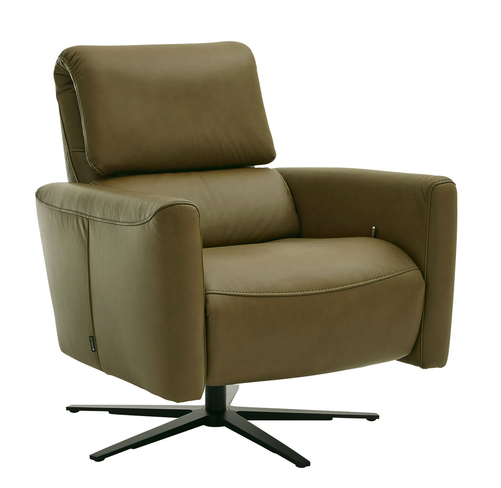 Musterring Relaxsessel MR 261 Moderner Relaxsessel in olivgrünem Leder mit schwarzem Drehfuß, seitliche Perspektive