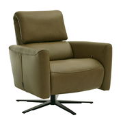 Moderner Relaxsessel in olivgrünem Leder mit schwarzem Drehfuß, seitliche Perspektive