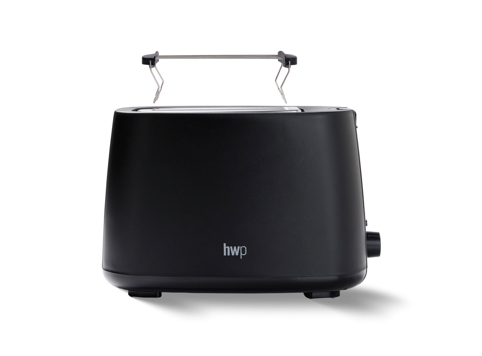 Schwarzer Toaster mit Brötchenaufsatz, Vorderansicht