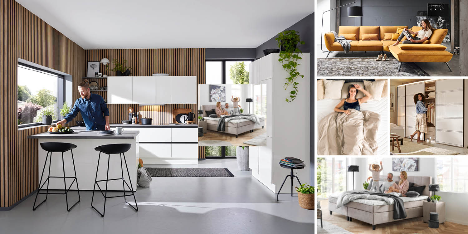 Bildcollage mit einer moderne Küche, einem gelben Sofa, einem Boxspringbett und einem Kleiderschrank. 