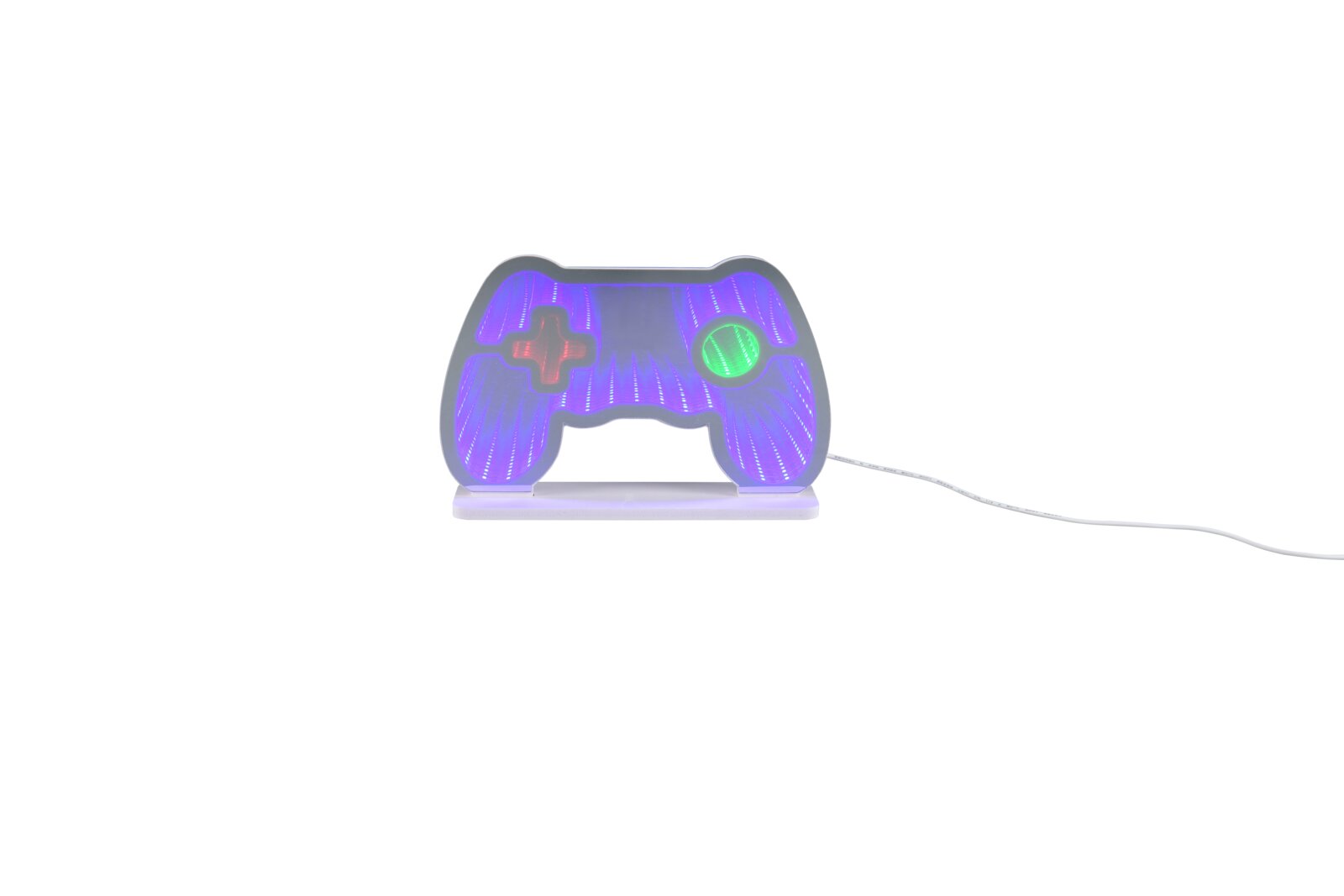 Gaming-Controller-förmige LED-Dekoleuchte mit lila Licht, rotem Steuerkreuz und grünem Button, kabelgebunden auf weißem Sockel, Frontalansicht.