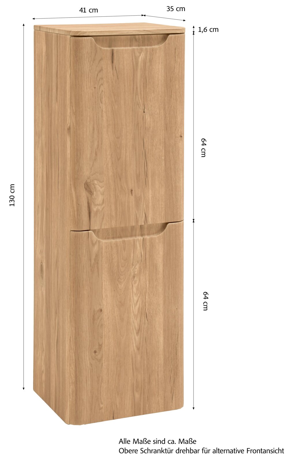 Hoher, schmaler Holzschrank in Eichenoptik mit zwei Türen und integrierten Griffmulden, Maße ca. 130 x 41 x 35 cm, freigestellt auf weißem Hintergrund, frontale Ansicht mit leichter Perspektive von oben.