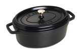 Schwarzer ovaler Bräter Cocotte 29cm mit Deckel und goldfarbenem Knauf, seitliche Perspektive
