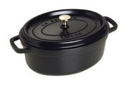 Schwarzer ovaler Bräter Cocotte 29cm mit Deckel und goldfarbenem Knauf, seitliche Perspektive