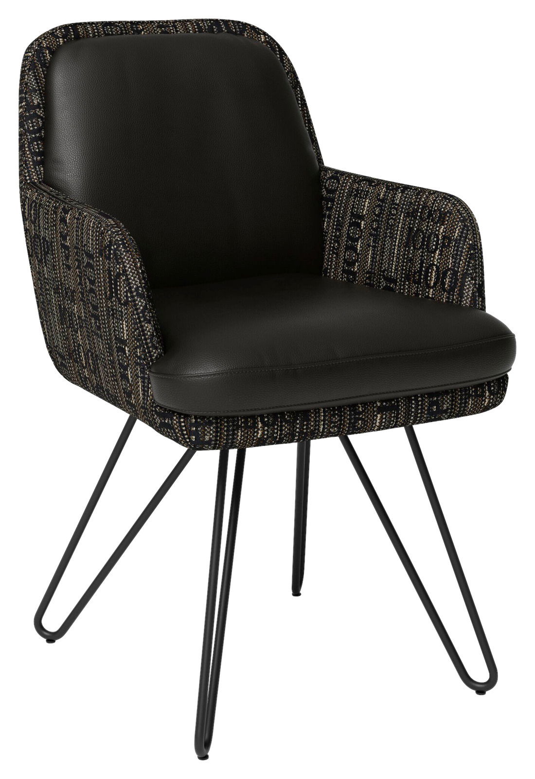 Moderner Armlehnstuhl mit schwarzem Lederbezug und gemusterten Stoffdetails, seitliche Perspektive