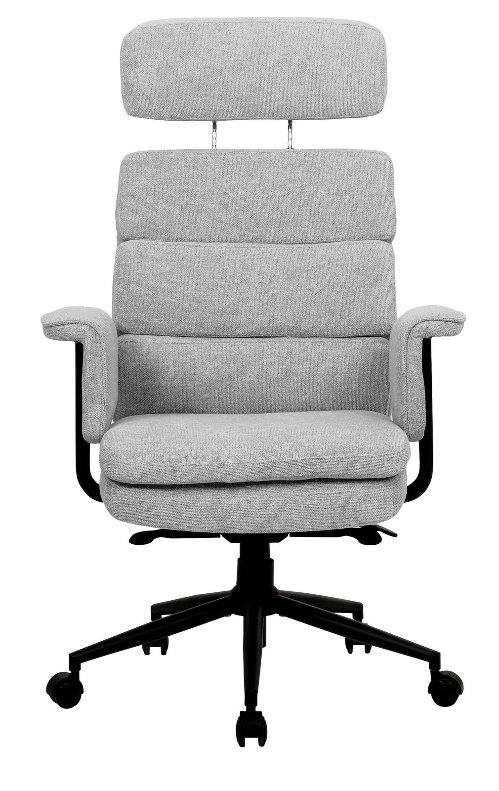 Grauer Chefsessel mit hoher Rückenlehne und Armlehnen, Vorderansicht