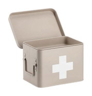 Beige Medizinbox mit weißem Kreuz, geöffnet, seitliche Perspektive