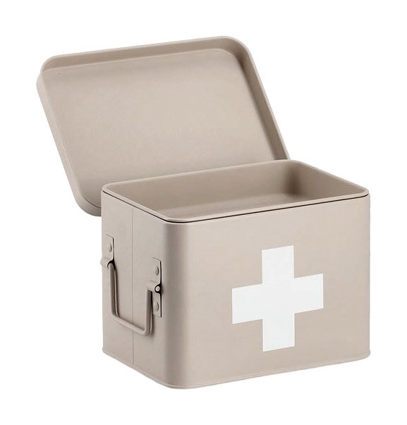 Beige Medizinbox mit weißem Kreuz, geöffnet, seitliche Perspektive