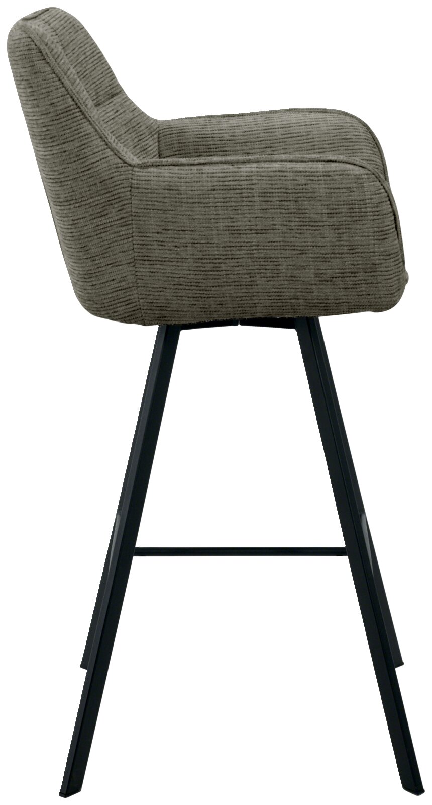 Seitenansicht eines modernen Barhockers mit gepolstertem Sitz in grauem Stoff und schwarzen Metallbeinen.
